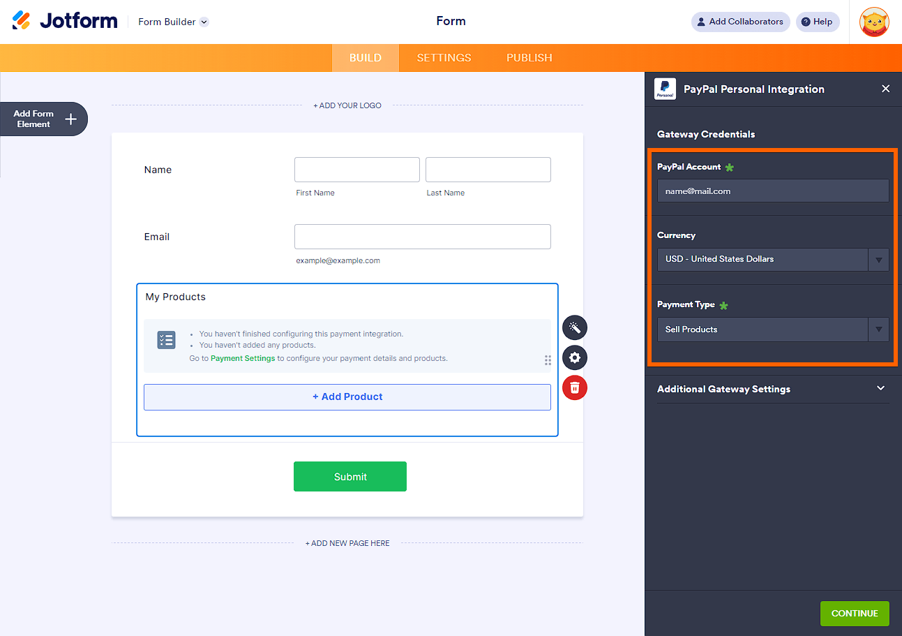 Panel de Configuración de Pago de la integración de PayPal Personal en el Creador de Formularios de Jotform