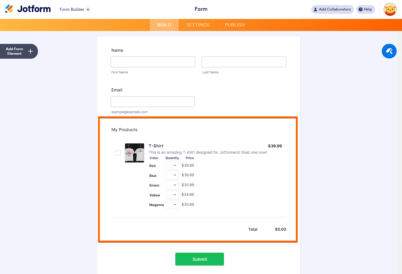 Configuración de producto con cantidad, subproducto y precios especiales en el Creador de Formularios de Jotform