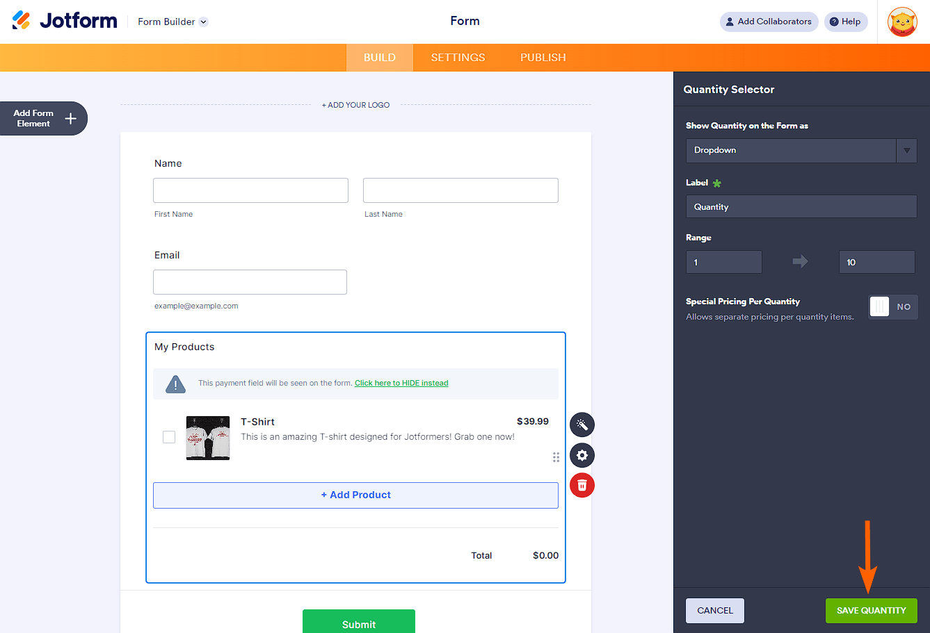 Configuración del Selector de Cantidad de la integración de PayPal Personal en el Creador de Formularios de Jotform