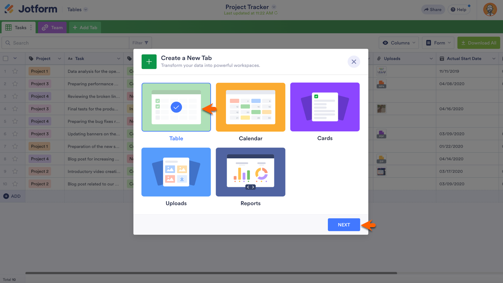 Choose Table Option Under "Create a new tab" Window, then Clicking on Next Button