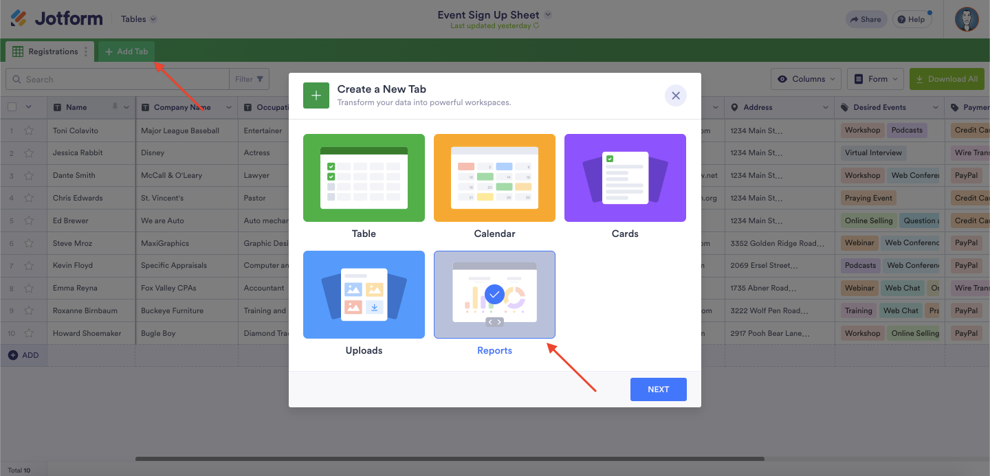 Viewing Create a New Tab Window in Jotform Tables Clicking on Reports Option