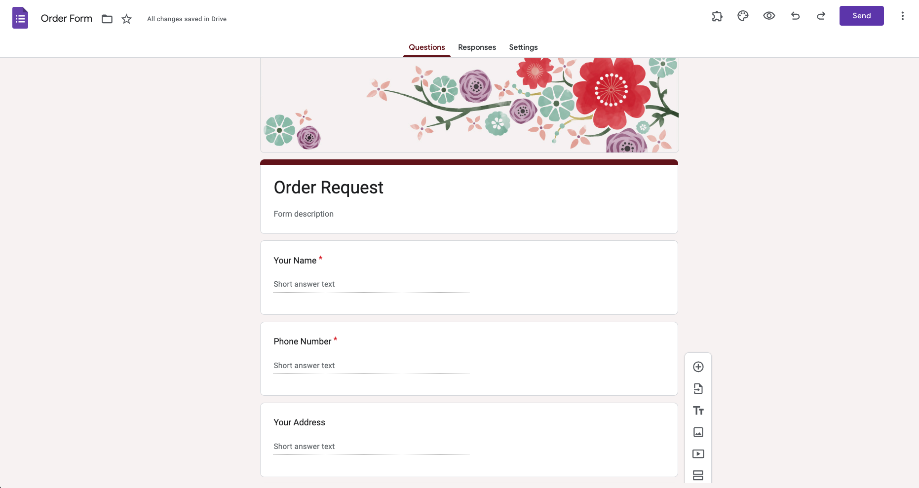Screenshot di un modulo d'ordine in Google Forms