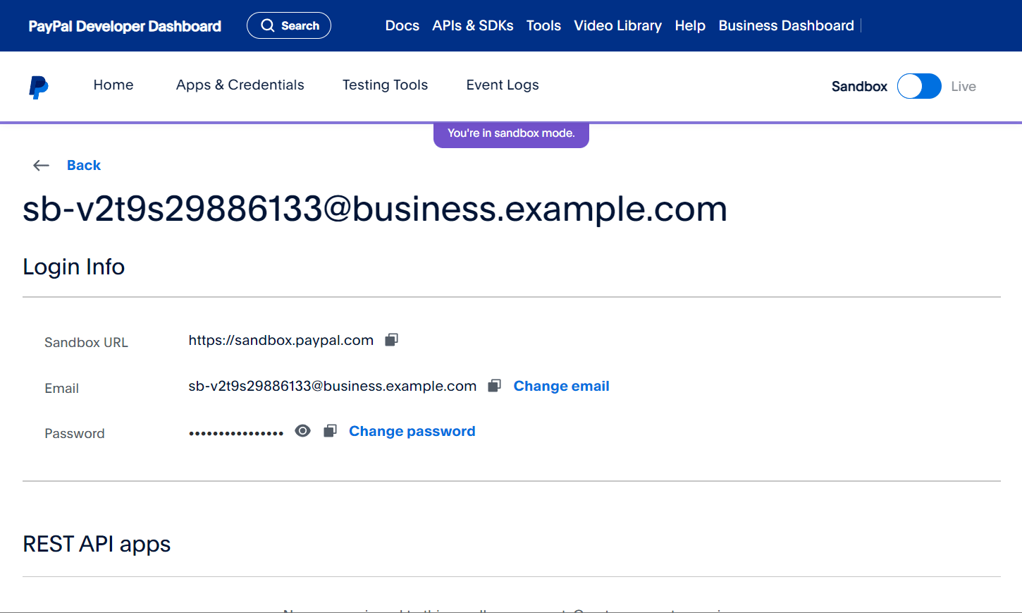 Sandbox account information on PayPal Developers dashboard