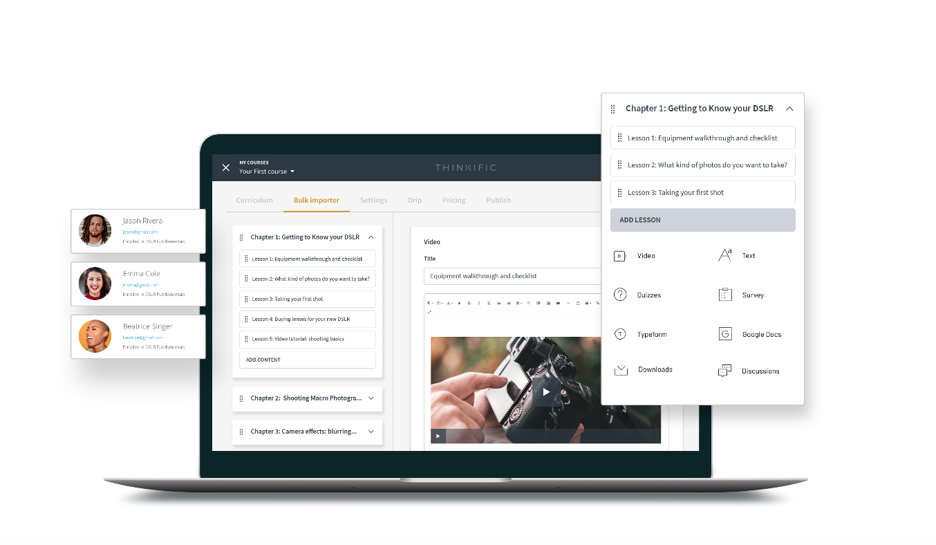 user interface of thinkific