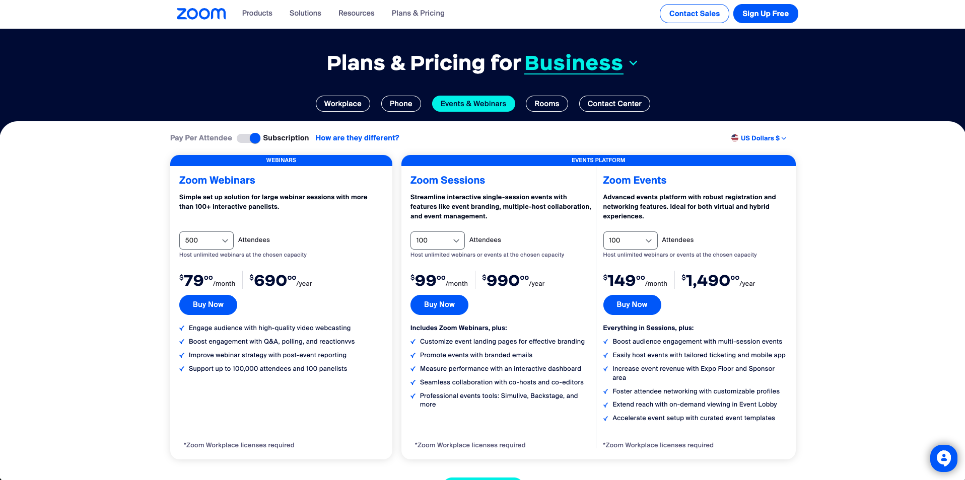 Zoom Webinars, Sessions and Events Pricing