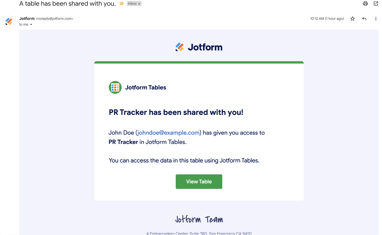 Email from Jotform Tables Demonstrating the Message "PR Tracker has been shared with you!"