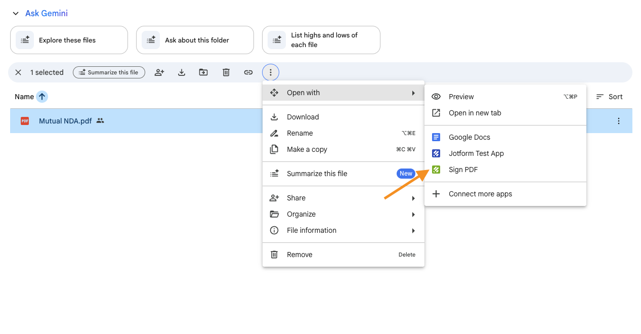An image of a PDF file in Google Drive with Open With menu options open