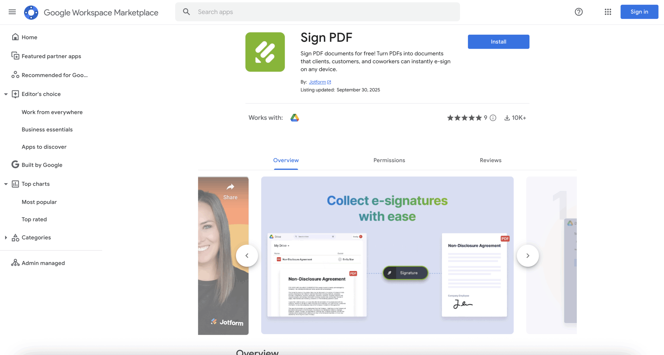 An image of the Sign PDF app on the Google Workspace Marketplace