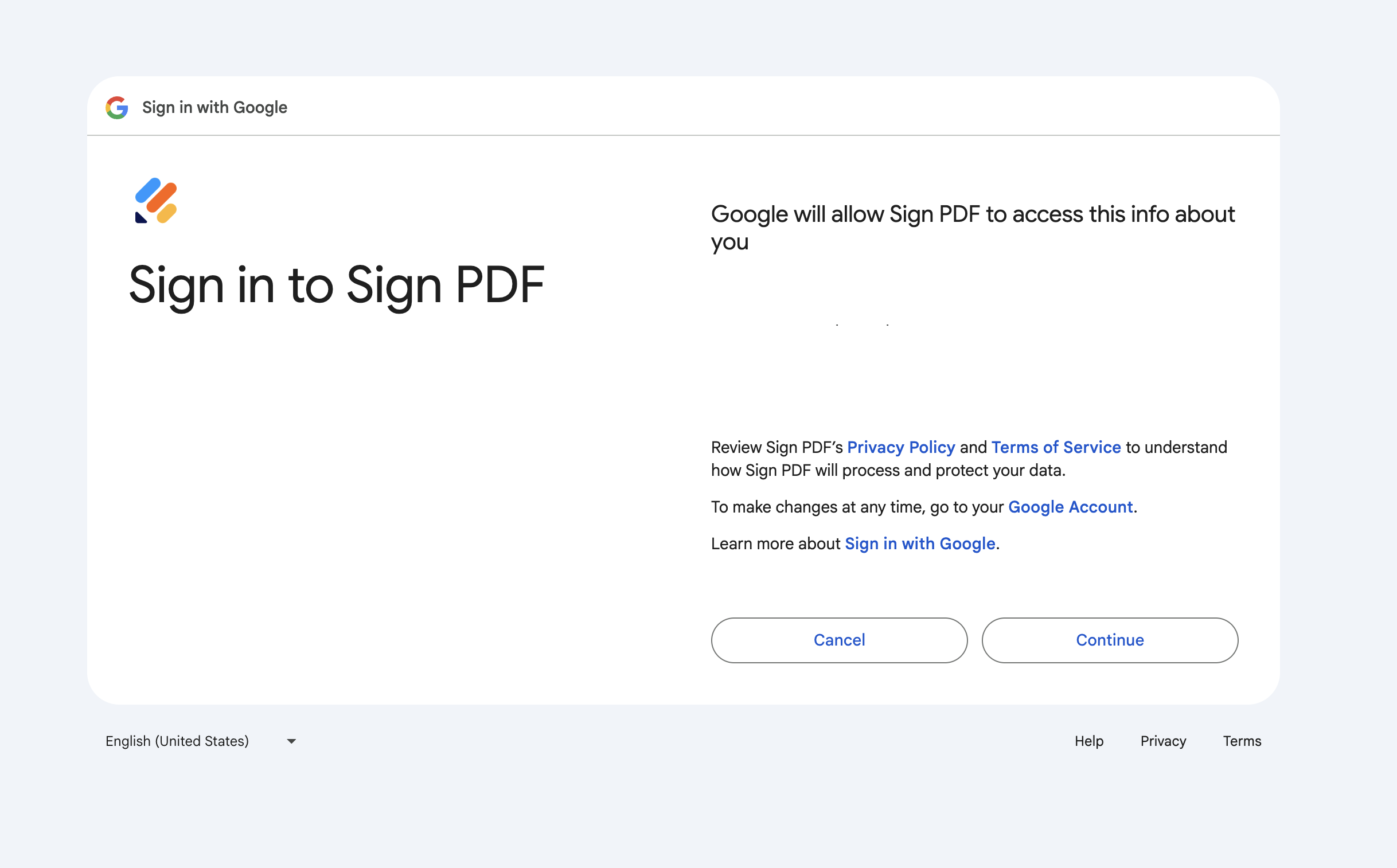 An image of Google prompting you to continue with installing Sign PDF