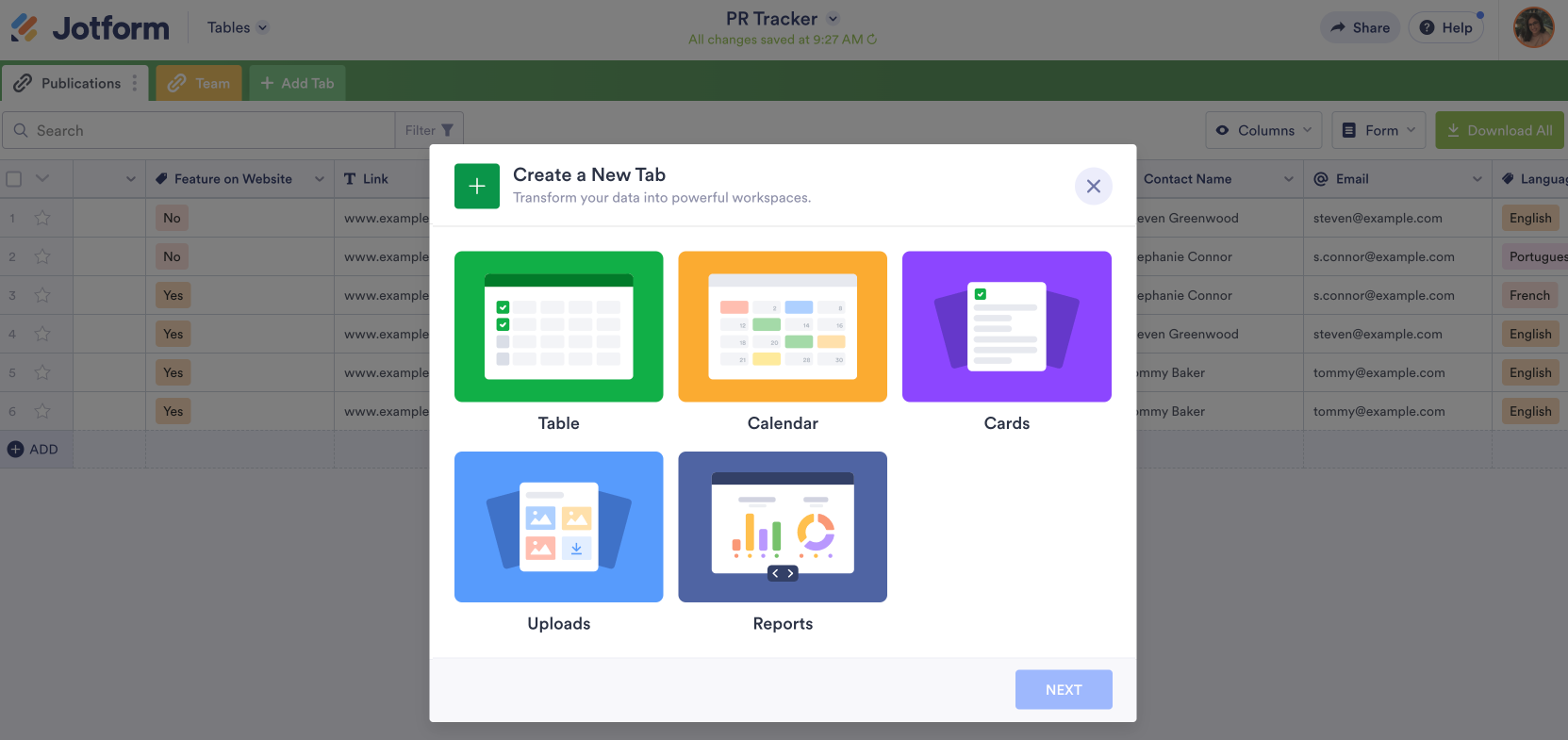 Screenshot of Tables Viewing Create a New Tab Page
