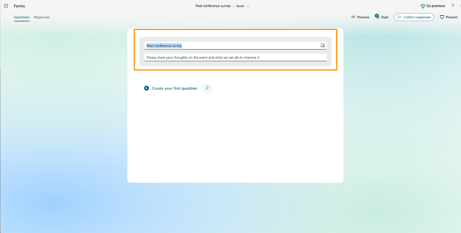 The image displays a user interface for creating a post-conference survey form, prompting for input on how the event went and suggestions for improvement