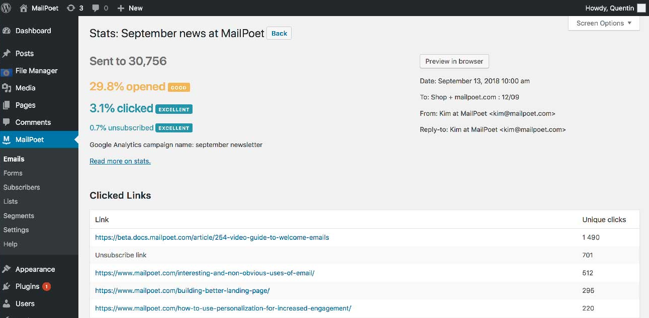 Screenshot von Mailpoet
