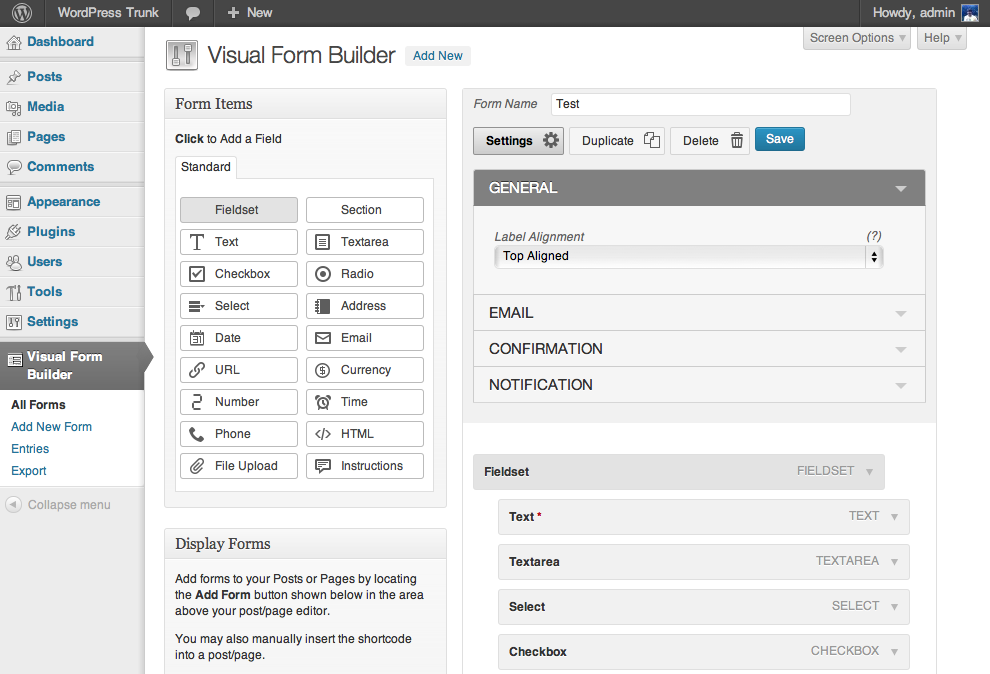 Benutzeroberfläche vom Visual Form Builder Plugin für WordPress