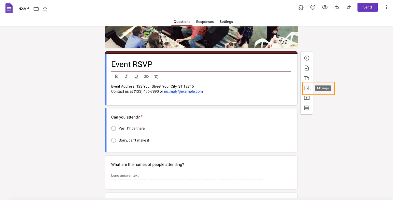 Formulir RSVP Acara di Google Forms Mengklik Ikon Tambah Gambar