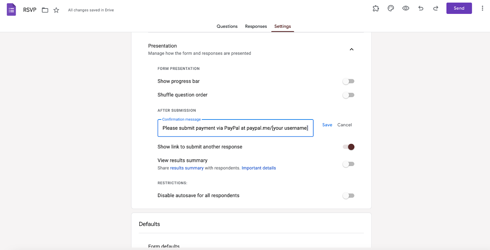 Tab Pengaturan di Google Forms Memasukkan Pesan Konfirmasi