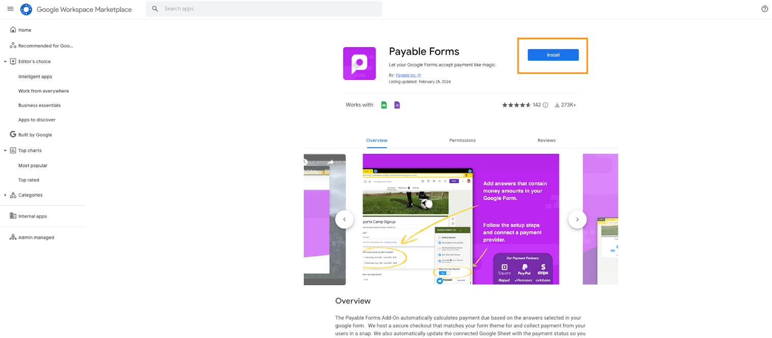 Halaman Google Marketplace dari Payable Forms Mengklik Instal