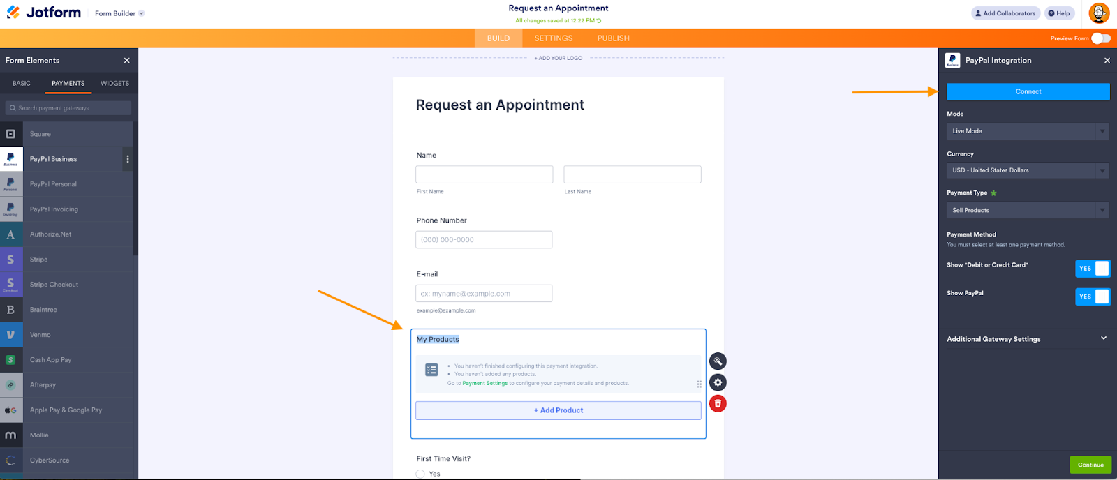 Pembuat Formulir Jotform Mengklik Tombol Hubungkan dari Jendela Integrasi PayPal