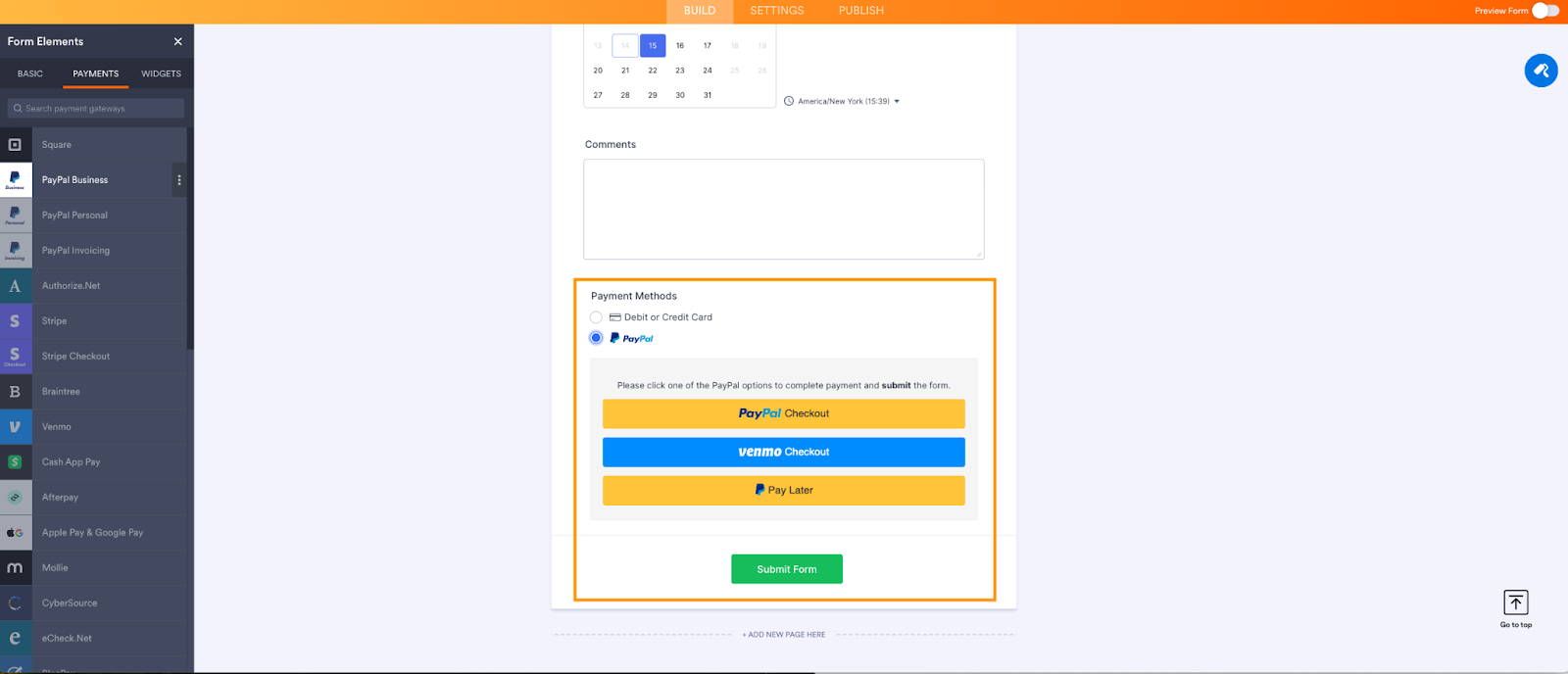 Bidang Formulir Metode Pembayaran di Pembuat Formulir Jotform
