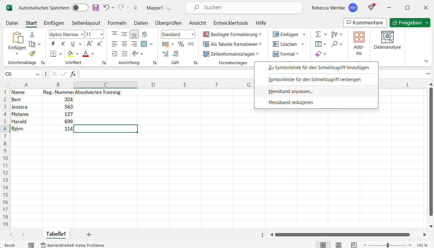 Anpassen der Multifunktionsleiste in Excel