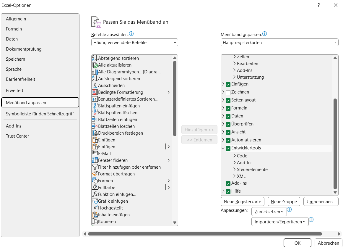 Wählen Sie die Option Entwickler aus den Hauptregisterkarten im Fenster Multifunktionsleiste anpassen