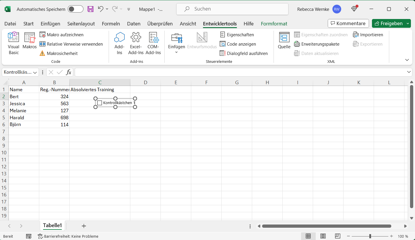 Verschieben des Kontrollkästchens zwischen Zellen in Excel