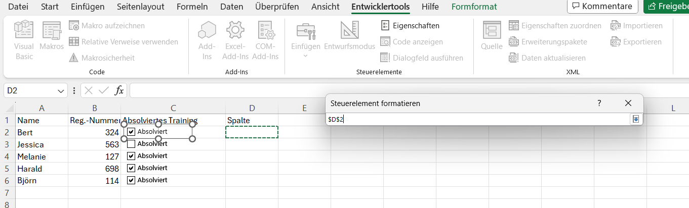 Klicken auf die Zelle zur Verknüpfung mit dem Kontrollkästchen