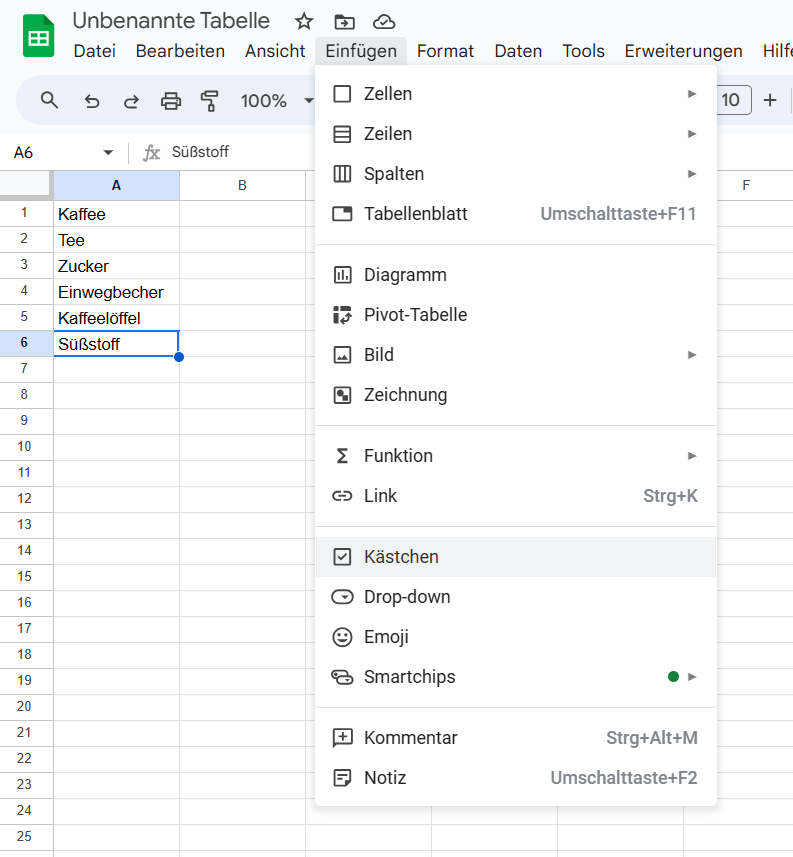 Klicken auf die Registerkarte "Einfügen" in Google Sheets