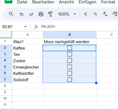 Ziehen des Kontrollkästchens an den unteren Rand der Spalte "Nachfüllen erforderlich"