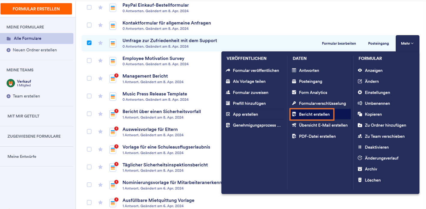 Öffnen Sie den Berichtgenerator, indem Sie auf Mehr klicken