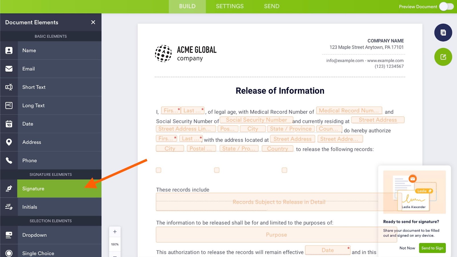 An image of the Elements menu open in Jotform Sign