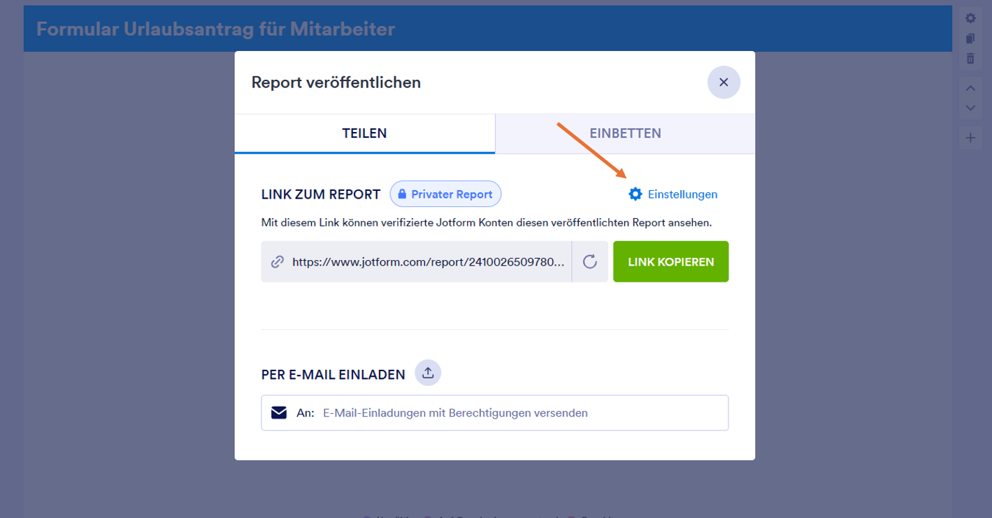 Präsentationsfenster im Jotform Berichtgenerator veröffentlichen Klicken Sie auf Einstellungen