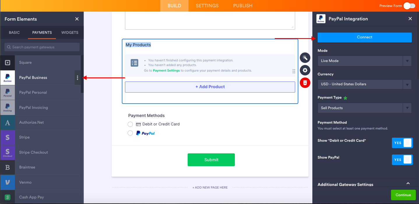 Adding the PayPal Business Option from the Payments Tab and Clicking on Connect on Jotform Form Builder