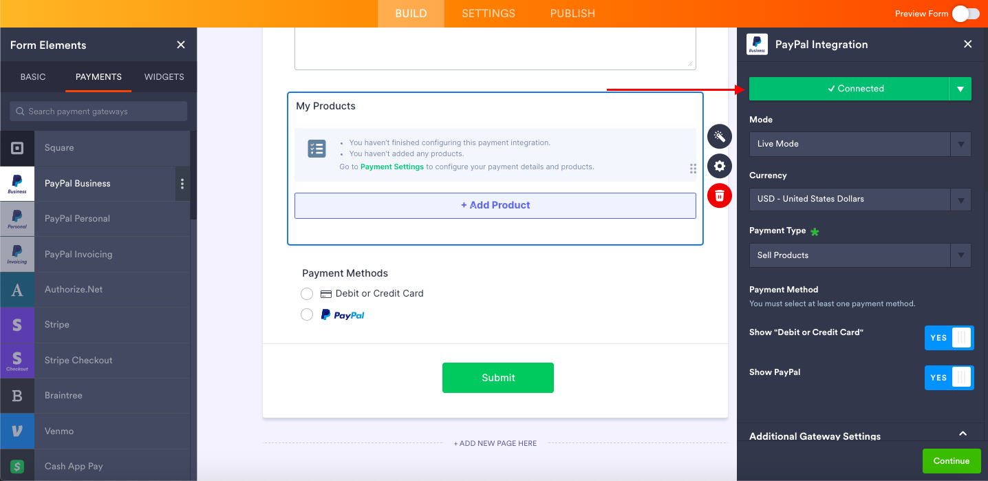 PayPal Integration on the Jotform Form Builder Showing that the Integration is Connected
