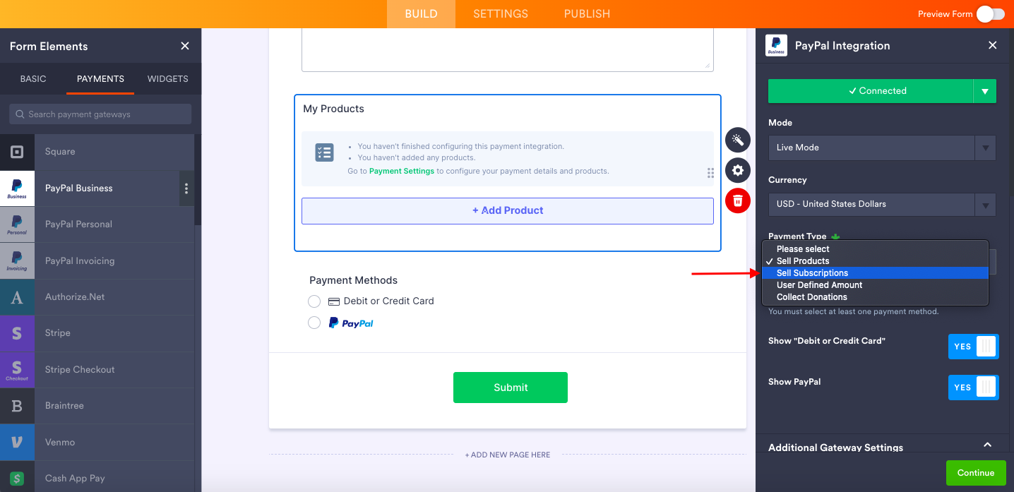 Selecting Sell Subscriptions Option from the Payment Type Options of PayPal Integration
