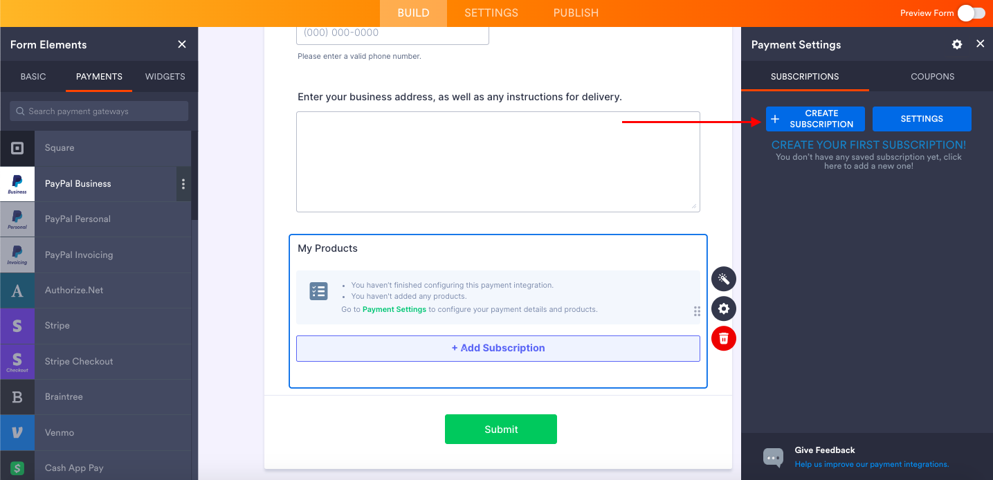 Showing Create Subscription Button from the Payment Settings in Jotform Form Builder