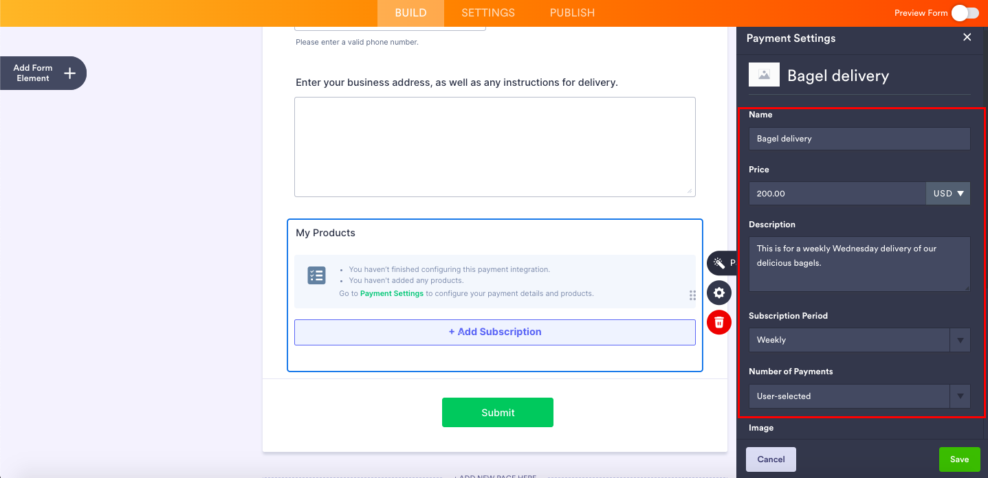 Highlighting the Name, Price, Description, Subscription Method and Number of Payment Options under the Payment Settings