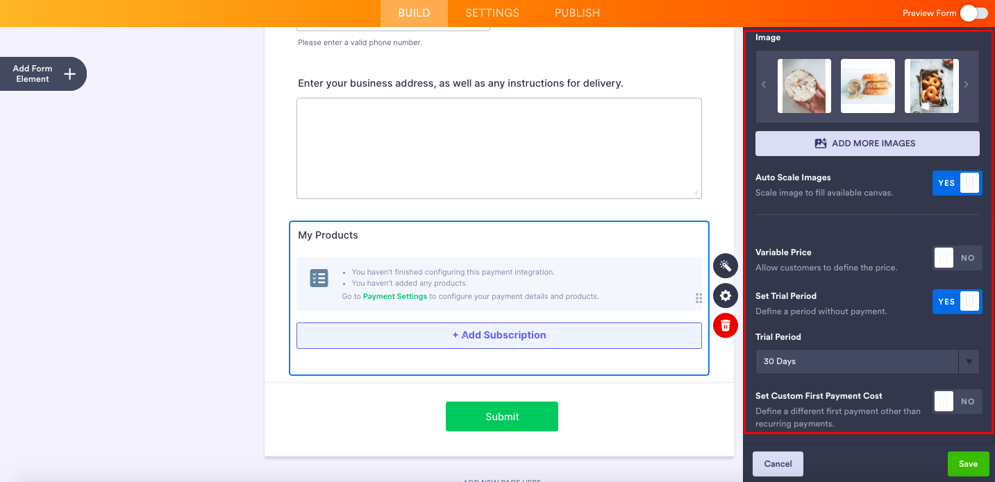 Showing Image, Auto Scale Images, Variable Price, Set Trial Period, Trial Period and Set Custom First Payment Cost Options under Payment Settings