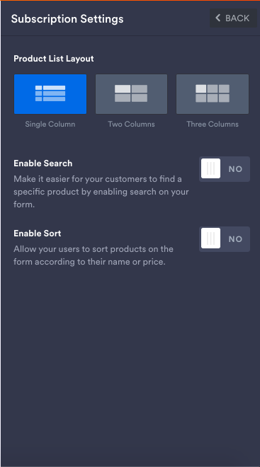 Selecting Single Column Option Under Product List Layout Under Subscription Settings