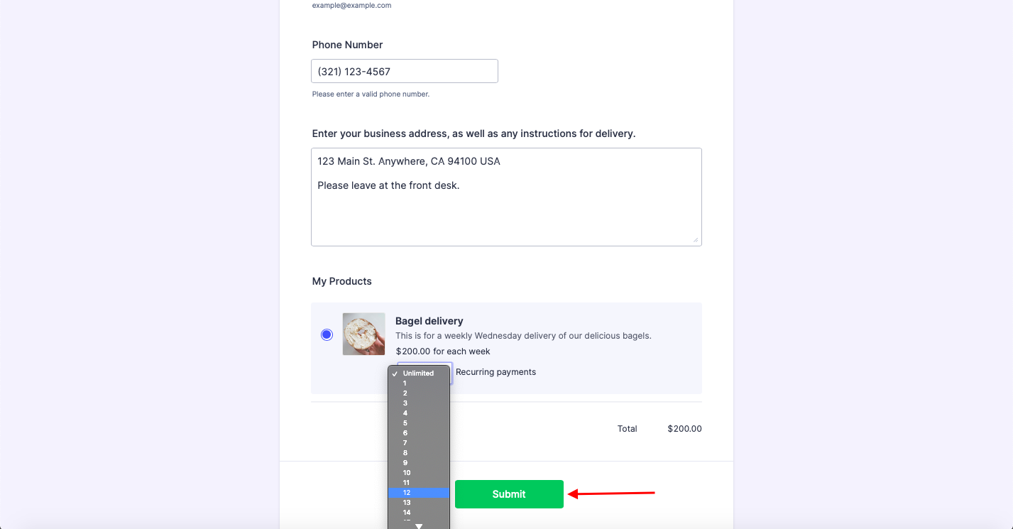 Selecting the Product Quantity in the Form and Clicking on the Submit Button
