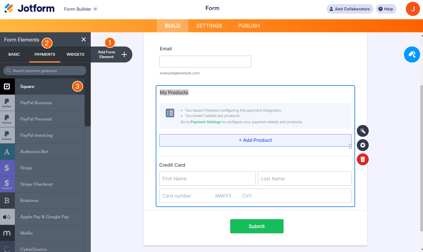 Selecting the Square Option Under the Payments tab in Jotform Form Builder
