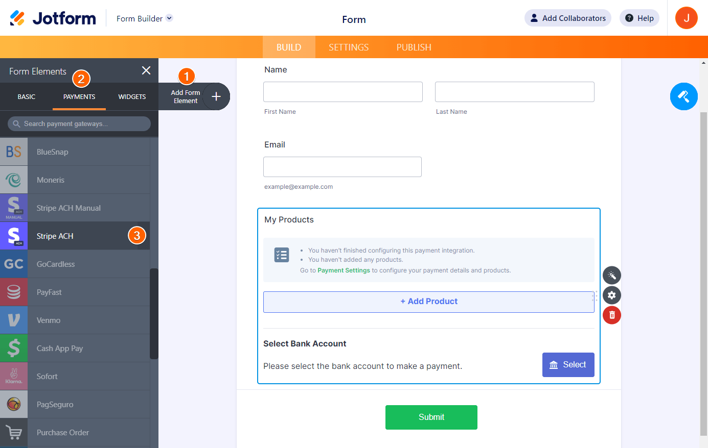 Selecting Stripe ACH Option Under the Payments Tab in Jotform Form Builder