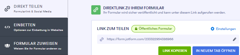 Schnellfreigabeoptionen unter der Registerkarte "Veröffentlichen" in Jotform Form Builder