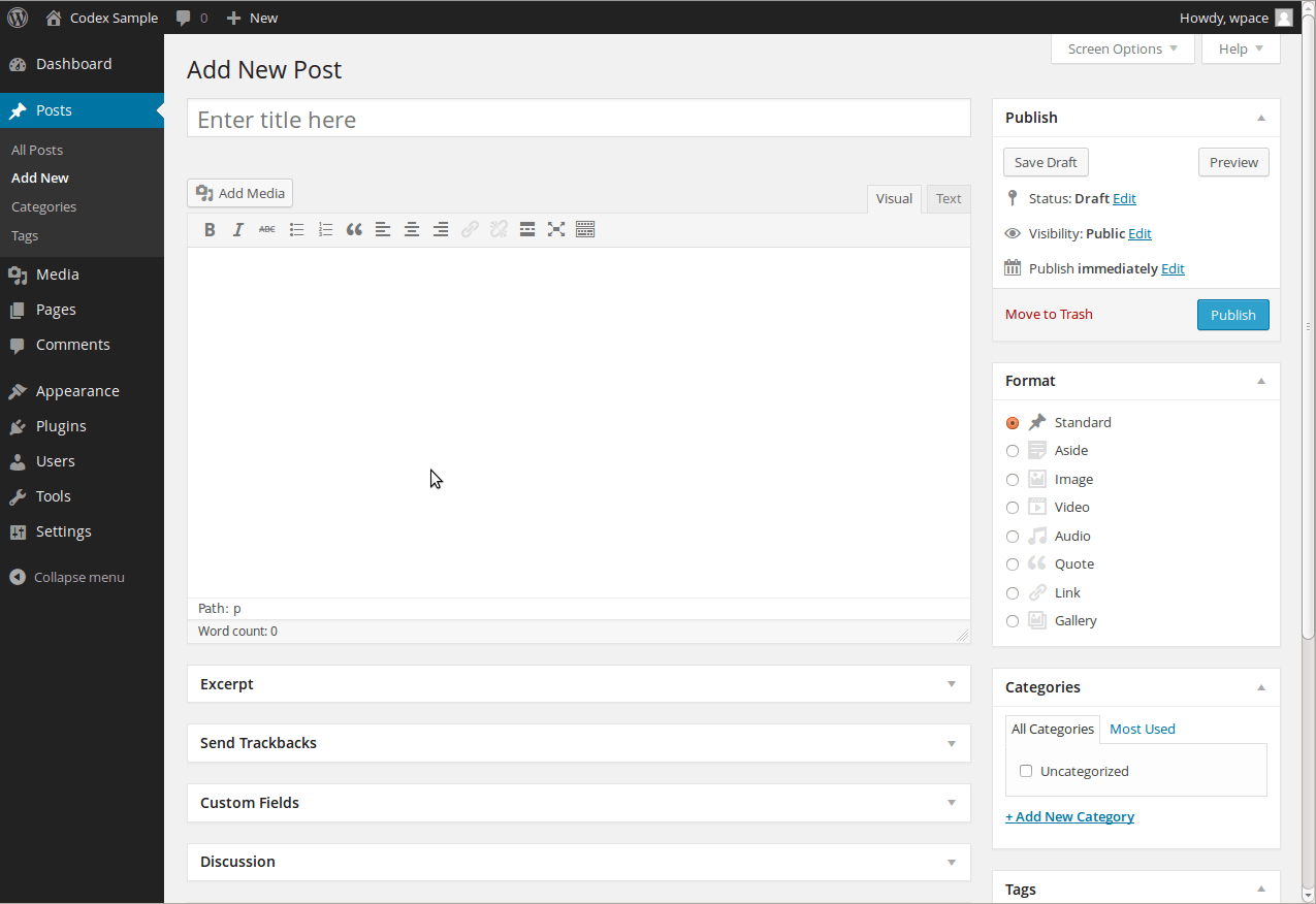 Benutzeroberfläche von WordPress