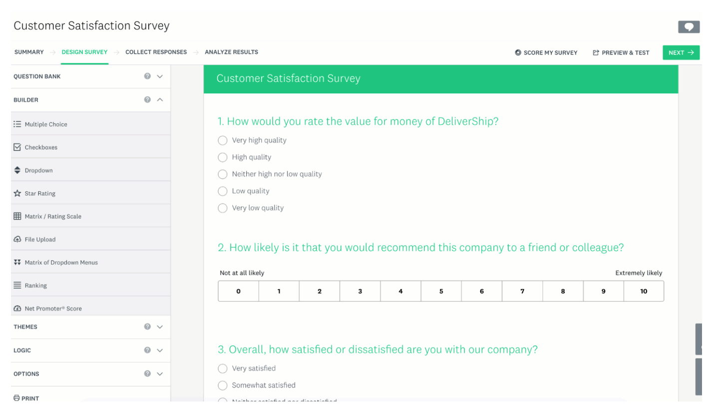 Benutzeroberfläche von Surveymonkey