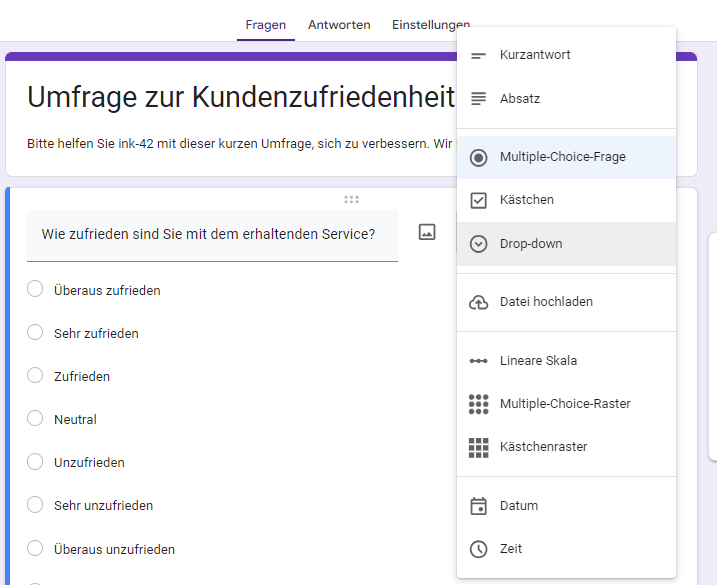 Benutzeroberfläche von Google Forms