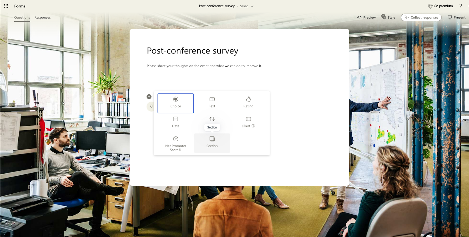 The image shows a digital interface for creating a post-conference survey form with various question type options available, overlaid on a background of a lively office setting