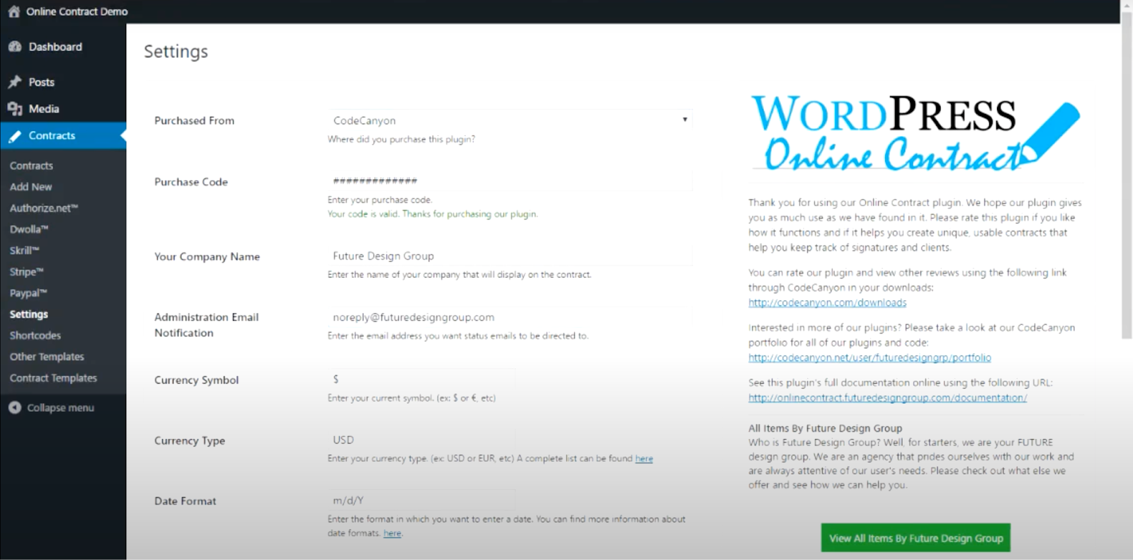 Benutzeroberfläche von WP Online Contract