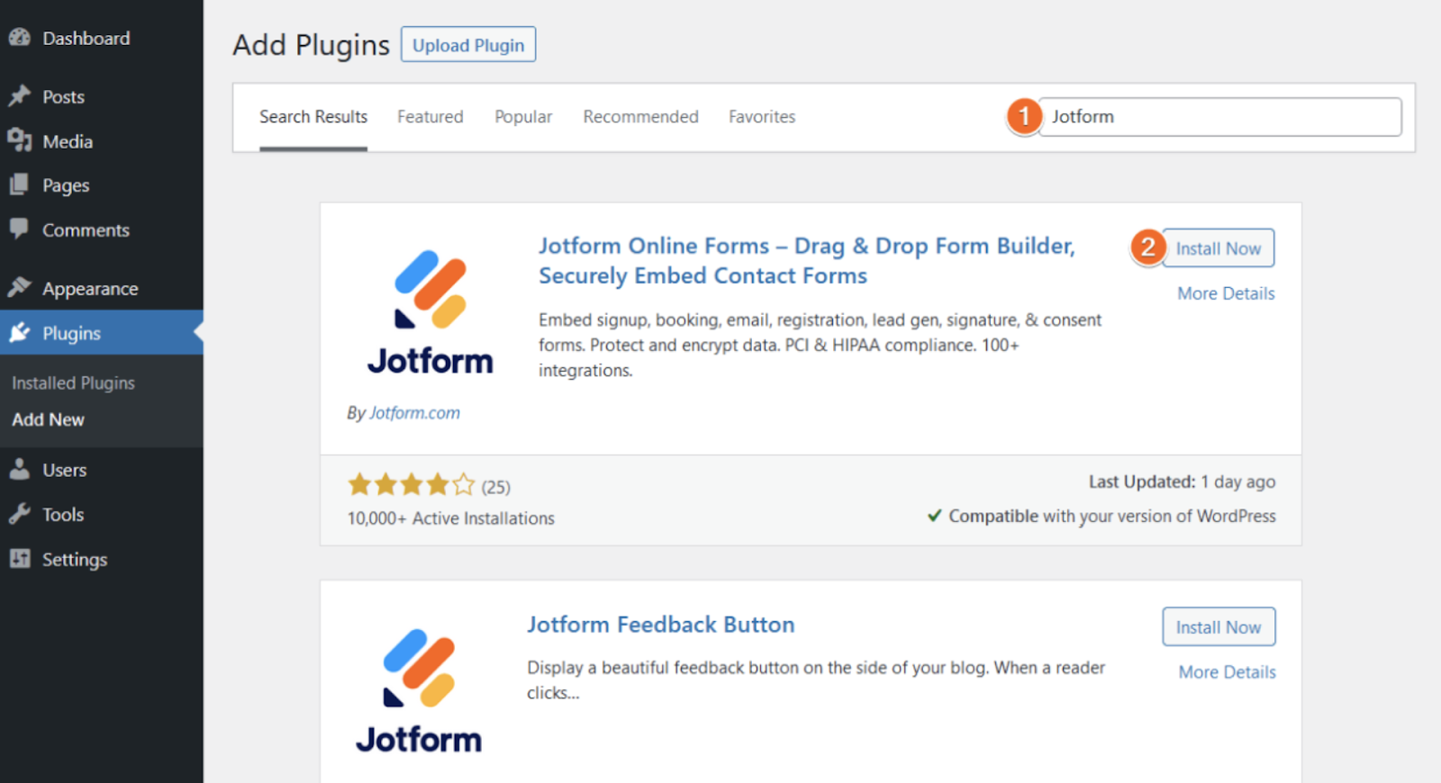 Suche nach Jotform Sign WordPress Plug-in in WordPress Plugins Seite