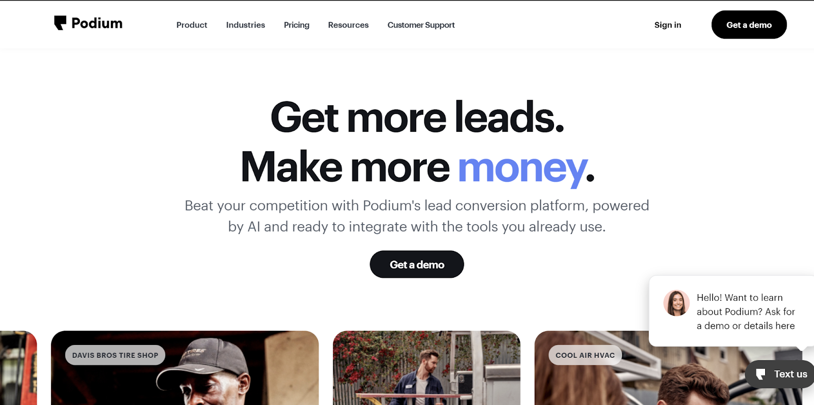 Screenshot of Podium's website homepage