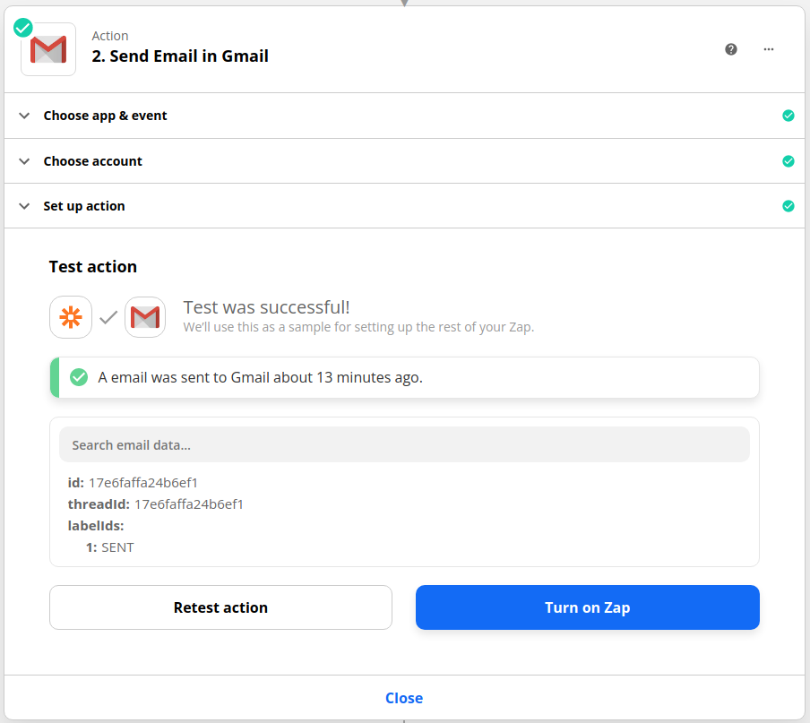 Screenshot of Zapier’s automation setup, showing the email automation being tested